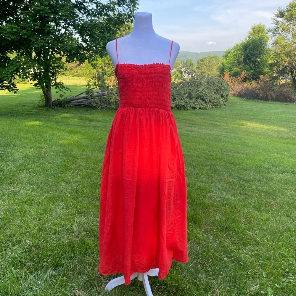 & Other Stories Red Cotton Maxi Dress Ruched Smocked Size 8